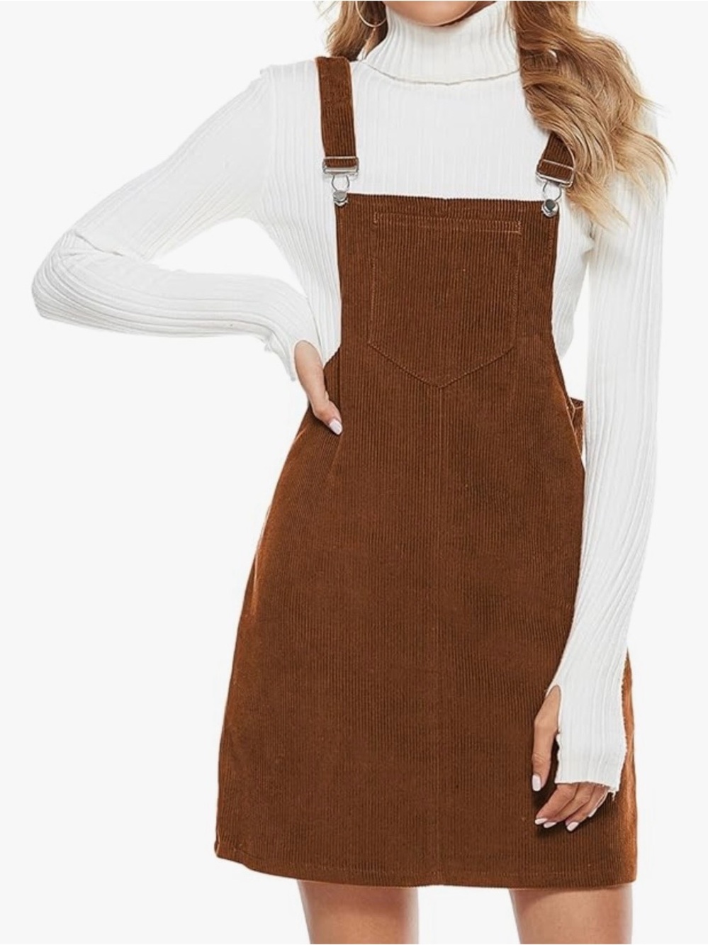 Brown Corduroy Adjustable Strap Pinafore Dress